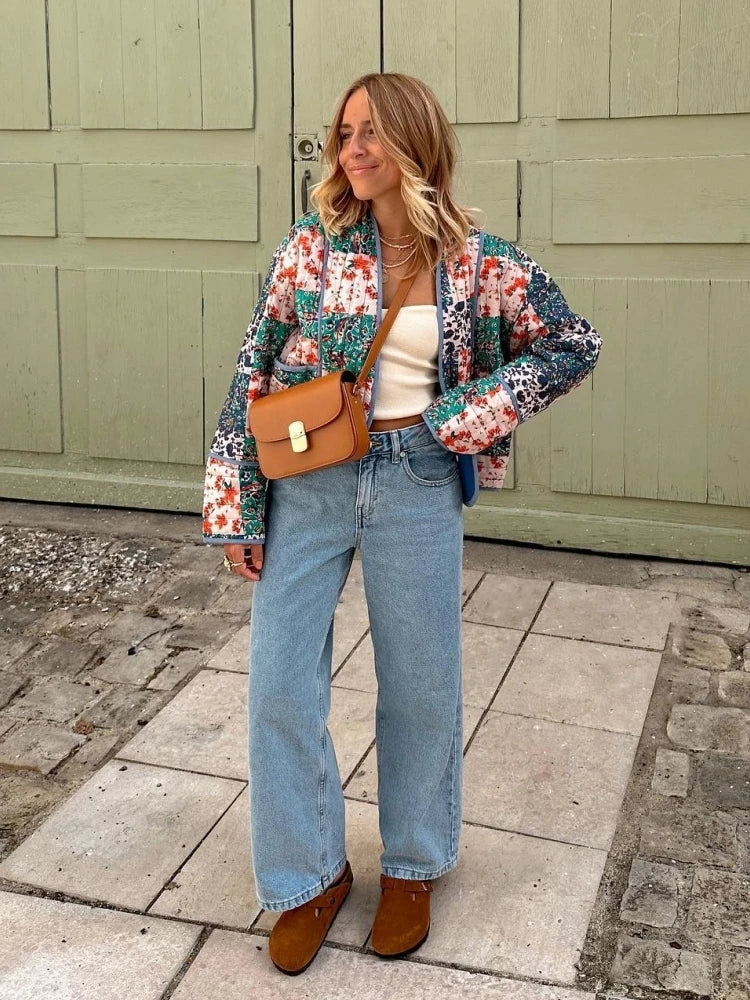 ALINA - Chaqueta vintage de cuadros en material suave para mujer