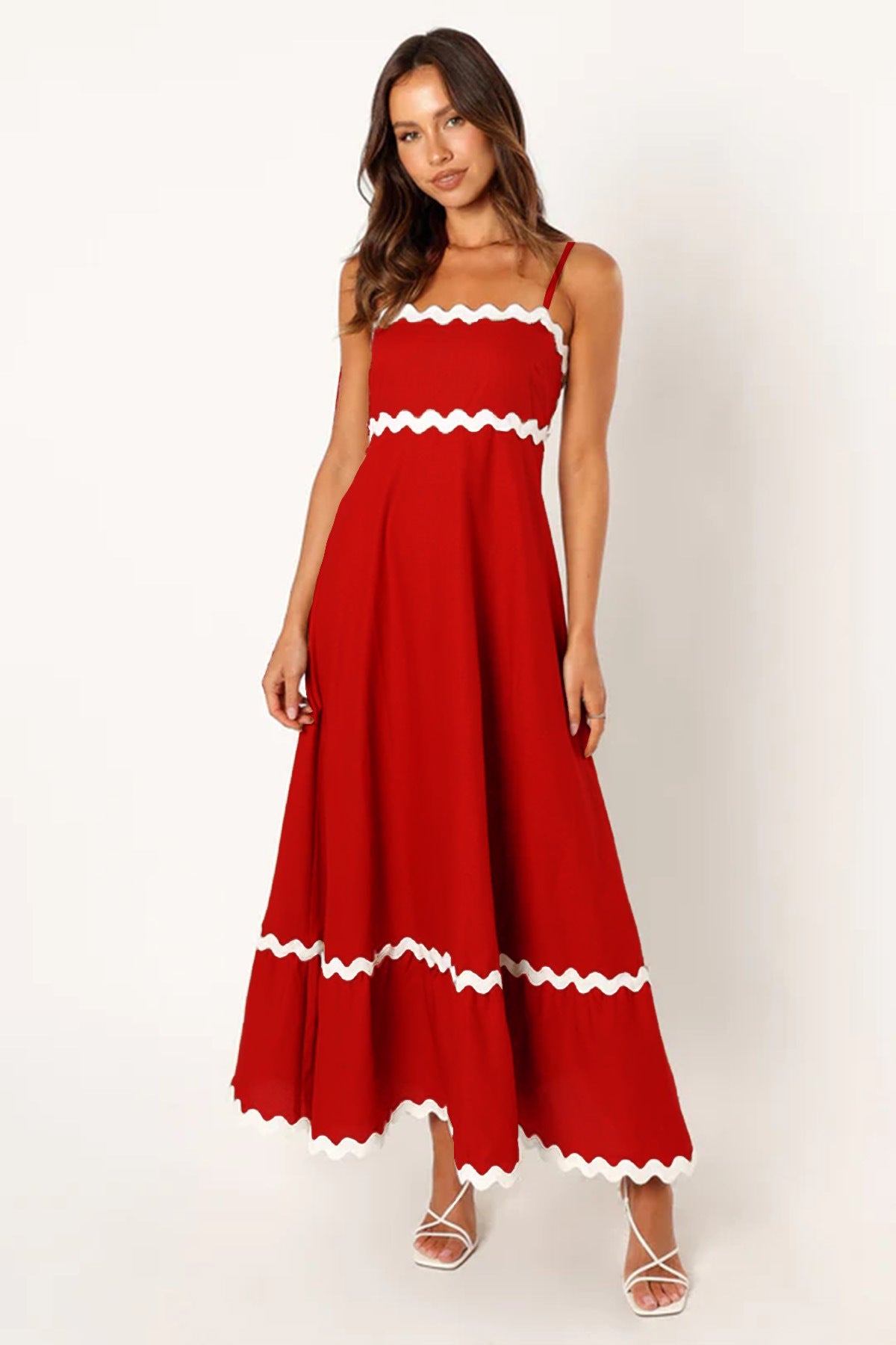 Mar - Vestido Largo de Tirantes Con Diseño de Ondas Color Combinado Playa Primavera Verano Para Mujer Rojo