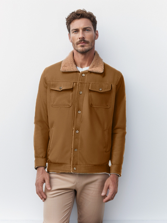 ARLEN - Chaqueta casual con cierre de botones y cuello de sherpa para hombre