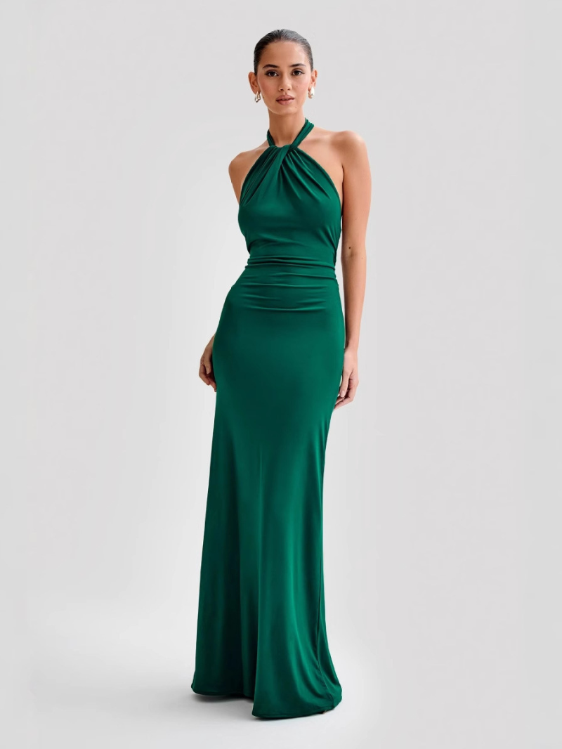 Vestido largo halter para mujer con espalda descubierta y cintura entallada – KAROLAYA