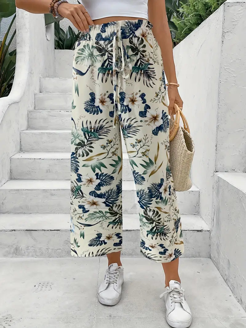 Pantalón ancho de mujer con estampado tropical – FRIDALIA
