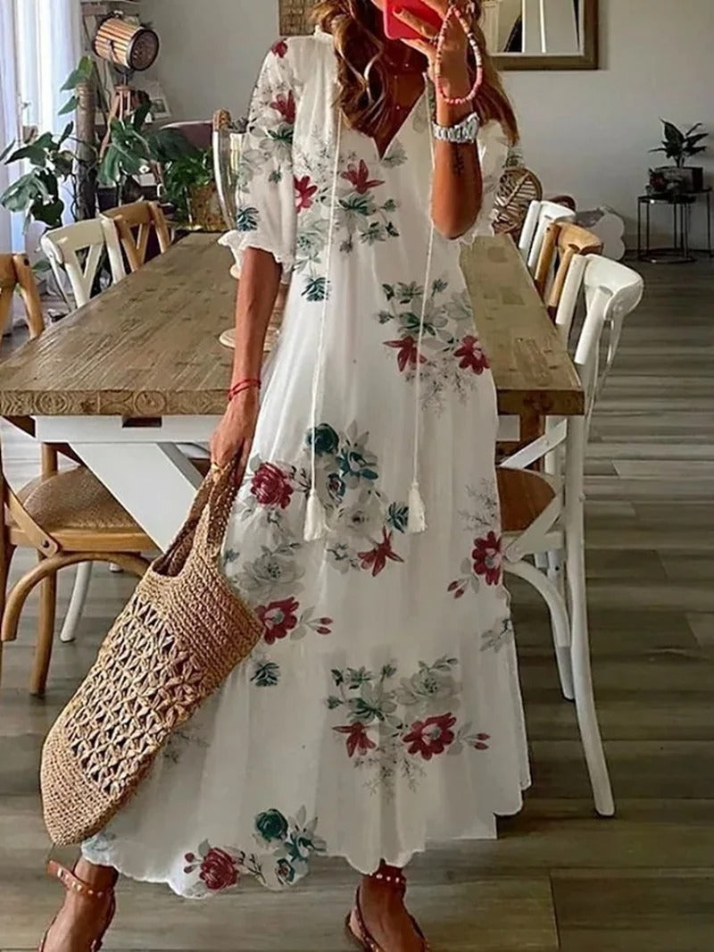 Vestido largo floral con cuello camisero y lazo en la cintura – FLORA LÉNA