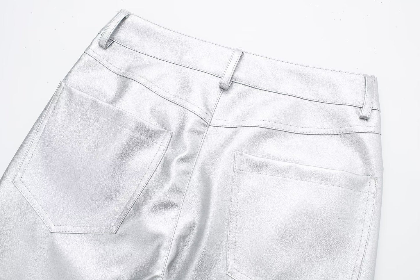 Riera - Pantalones de piel sintética plateados bota recta brillantes de cintura alta para mujer