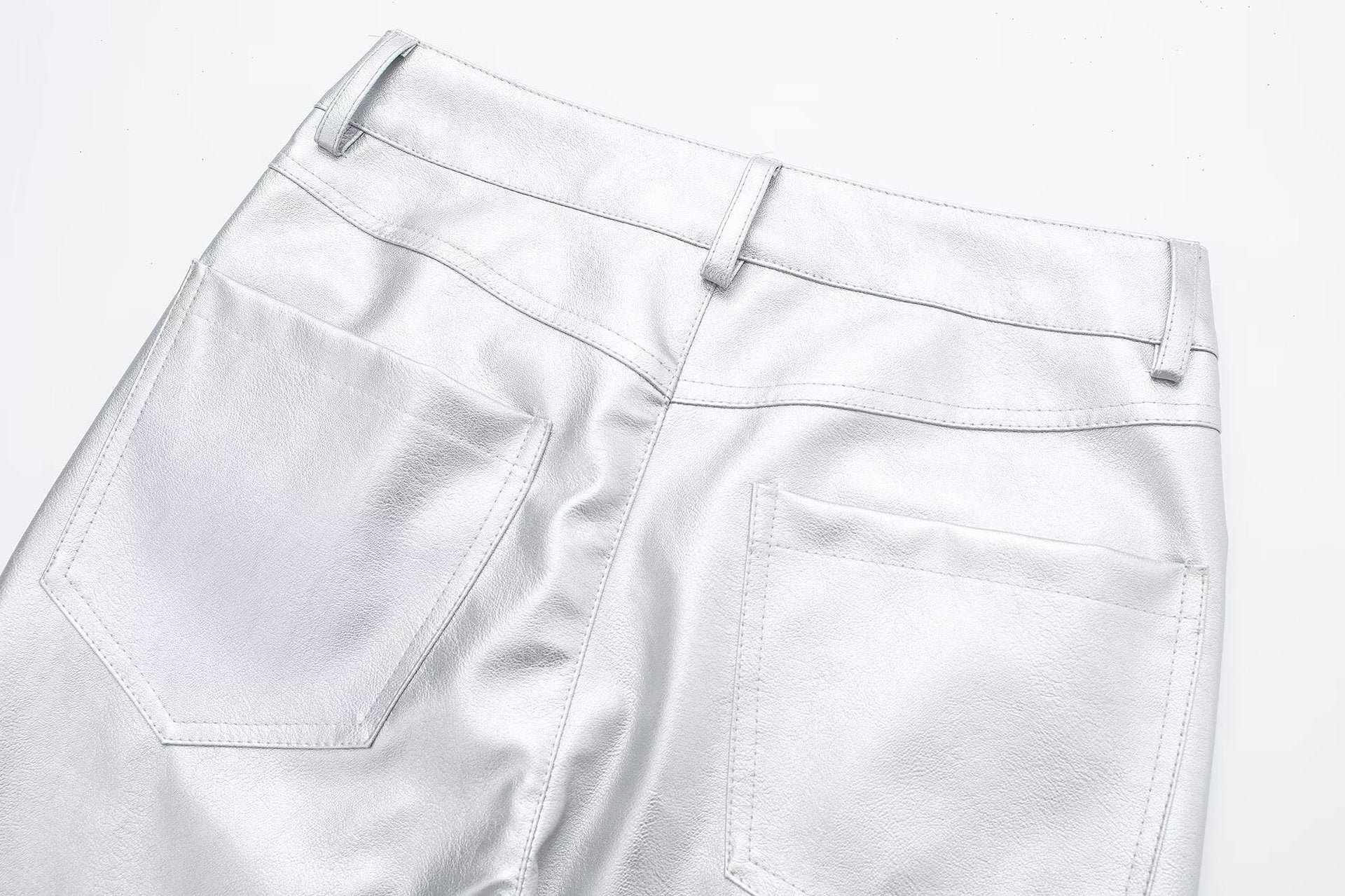 Riera - Pantalones de piel sintética plateados bota recta brillantes de cintura alta para mujer