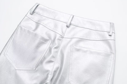 Riera - Pantalones de piel sintética plateados bota recta brillantes de cintura alta para mujer