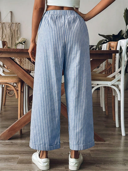 Pantalón recto de rayas con cintura elástica para mujer – LEONA