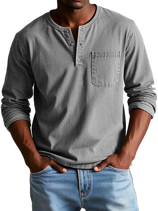 Camiseta Henley de manga larga para hombre con bolsillo en el pecho – RAVEN