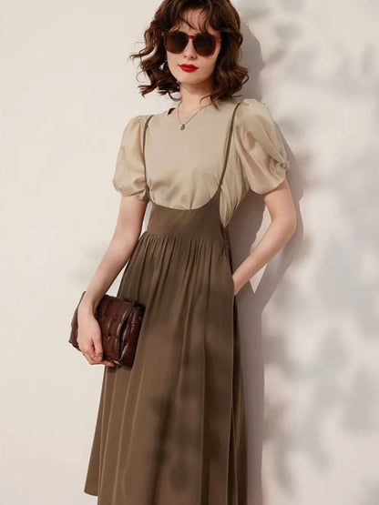 Conjunto de top con mangas abullonadas y falda midi – LIDIA