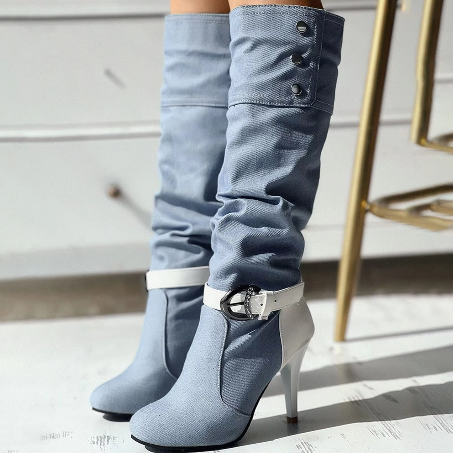 LIV - Botas altas con diseño patchwork y botones decorativos