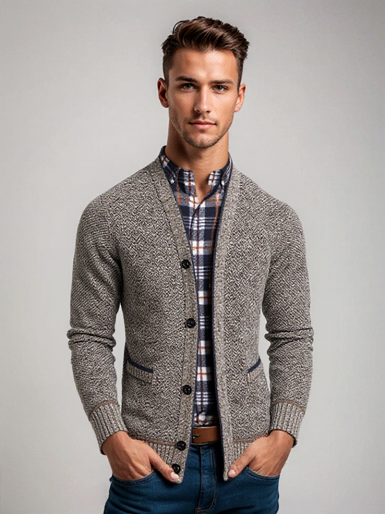 Cárdigan de punto con forro de cuadros y estilo clásico – DAREON