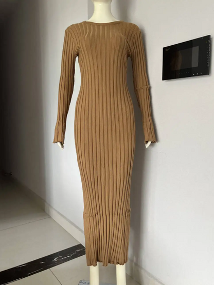 NEUS - Vestido largo ajustado de punto con diseño plisado y tela elástica para mujer