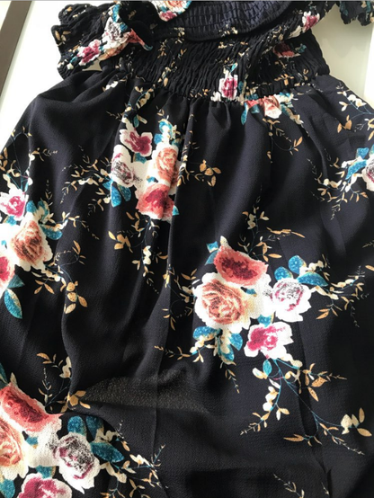Blau - Vestido Bohemio Largo de Hombros Descubiertos Estampado Floral Primavera Verano Para Mujer Negro