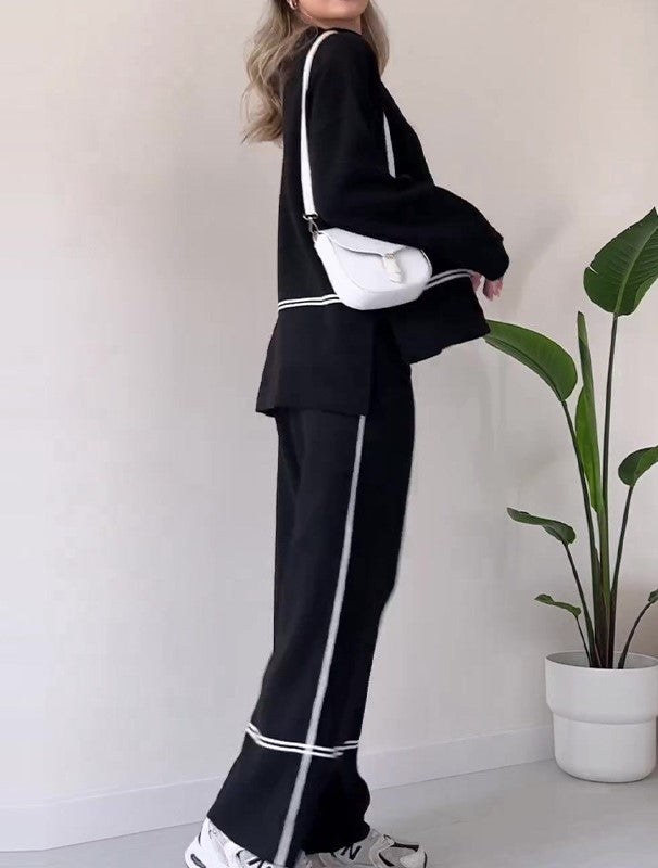 Ivet - Conjunto Holgado de Dos Piezas Sueter y Pantalon Traje Con Diseño Cómodo con Top Informal de Color Liso Primavera Verano Para Mujer