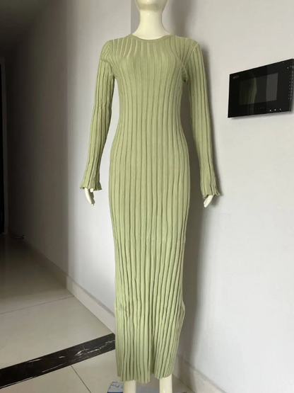 NEUS - Vestido largo ajustado de punto con diseño plisado y tela elástica para mujer