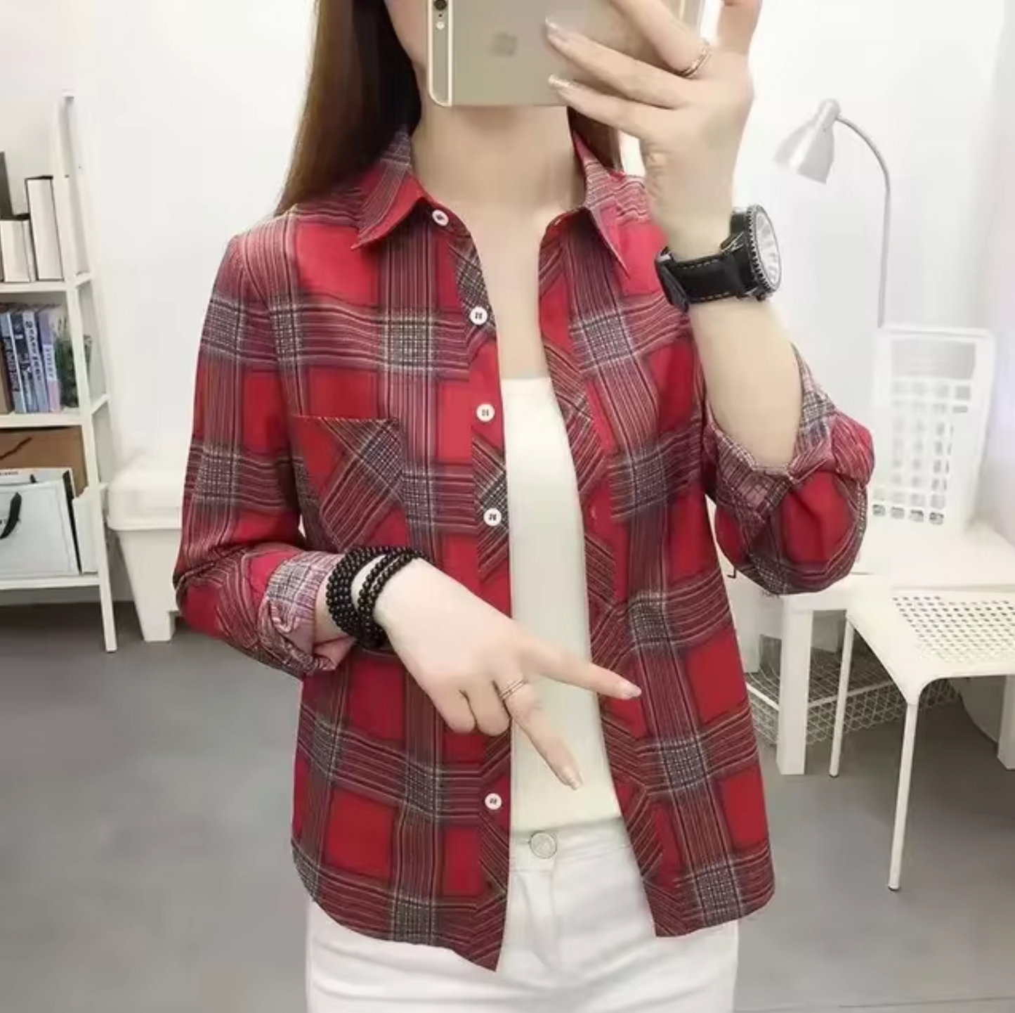 LIV - Top de algodón de manga larga con diseño de cuadros para mujer