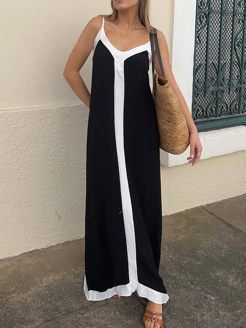 Vestido Maxi Sin Mangas con Detalles de Contraste para Mujeres Elegantes - CARENZA