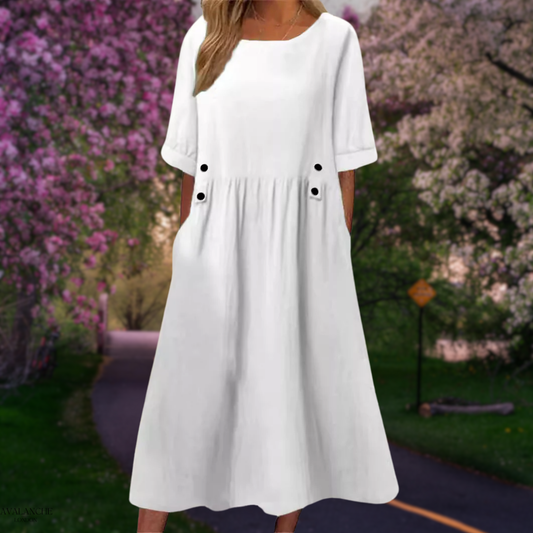 Vestido midi fluido de verano con manga media y corte cómodo – LINA SOL