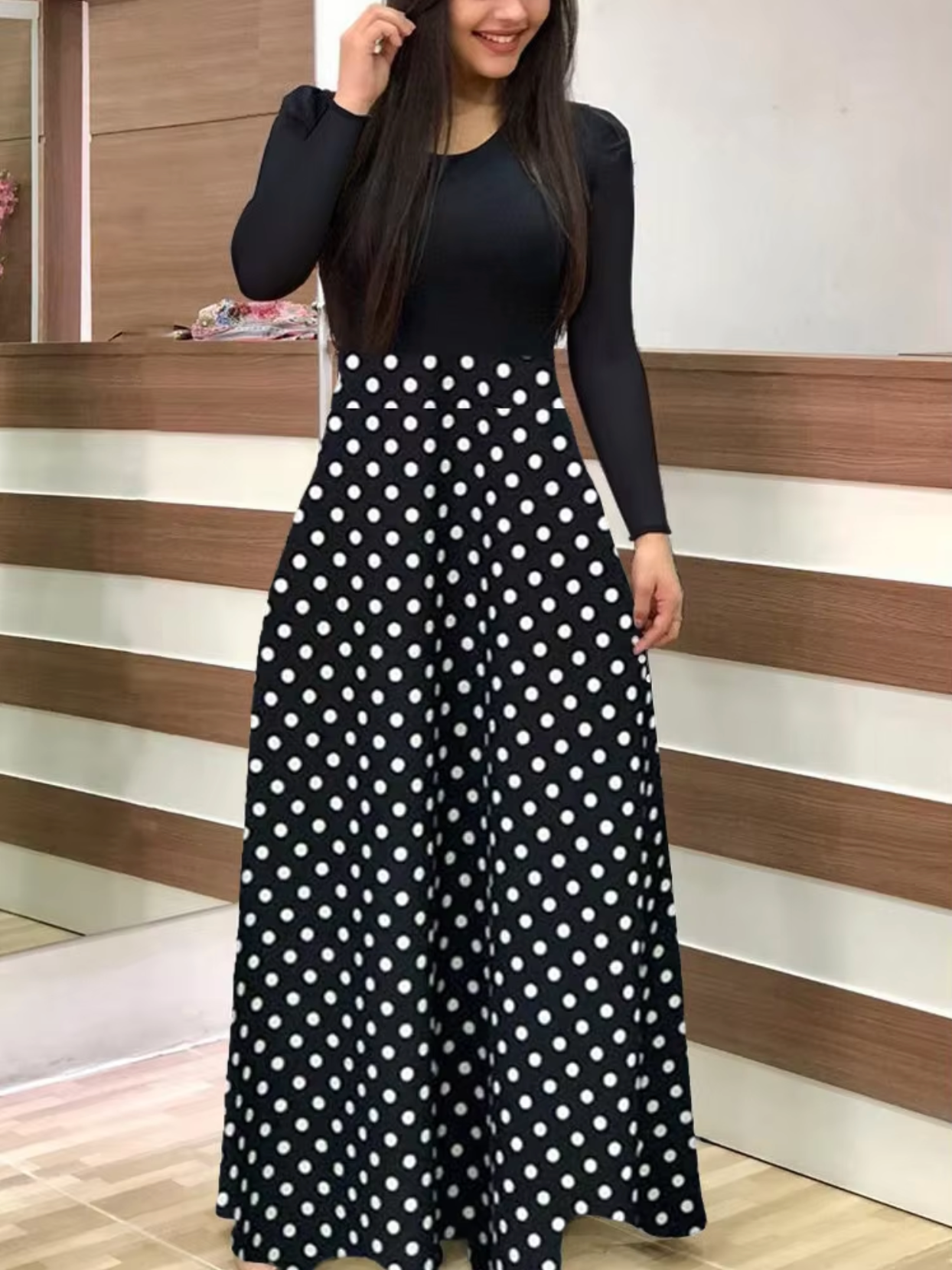 INES - Vestido maxi con estampado de lunares para mujer