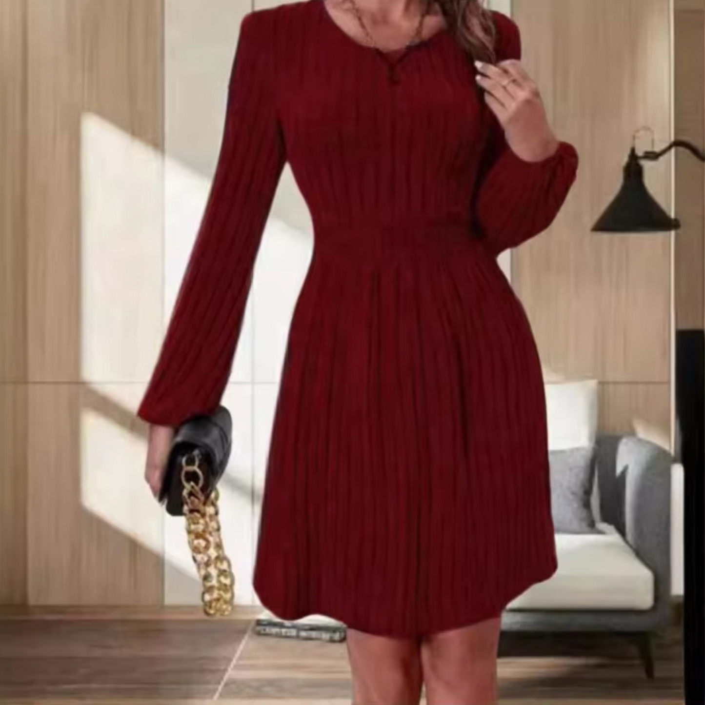 NAYA - Vestido de punto con cuello redondo y mangas abullonadas para mujer