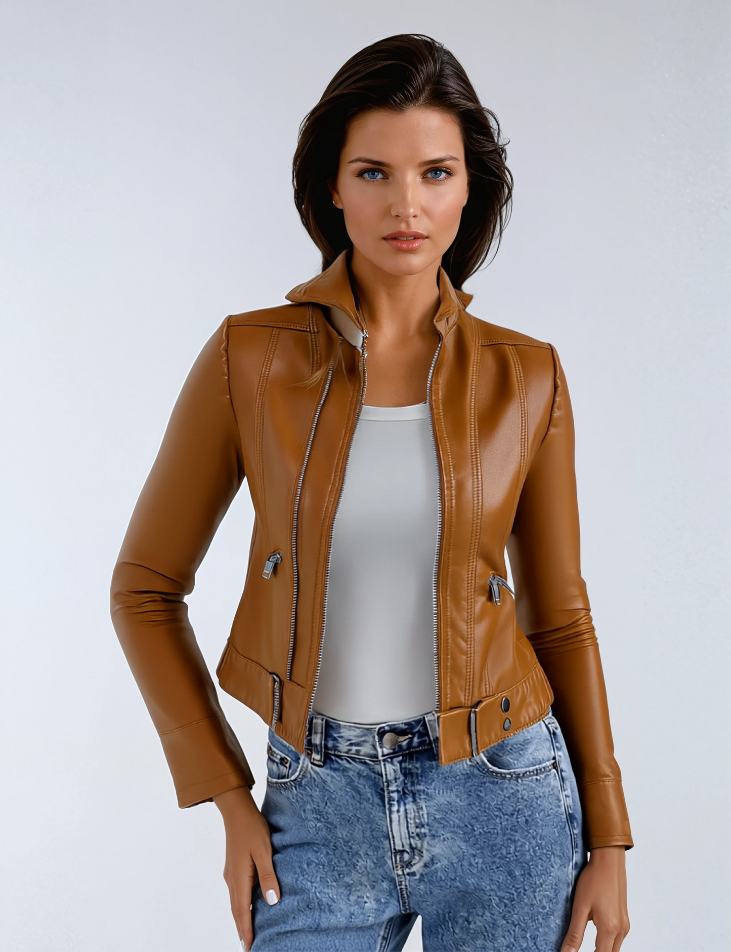 MERAVA – Cazadora biker de imitación piel para mujer con cremallera