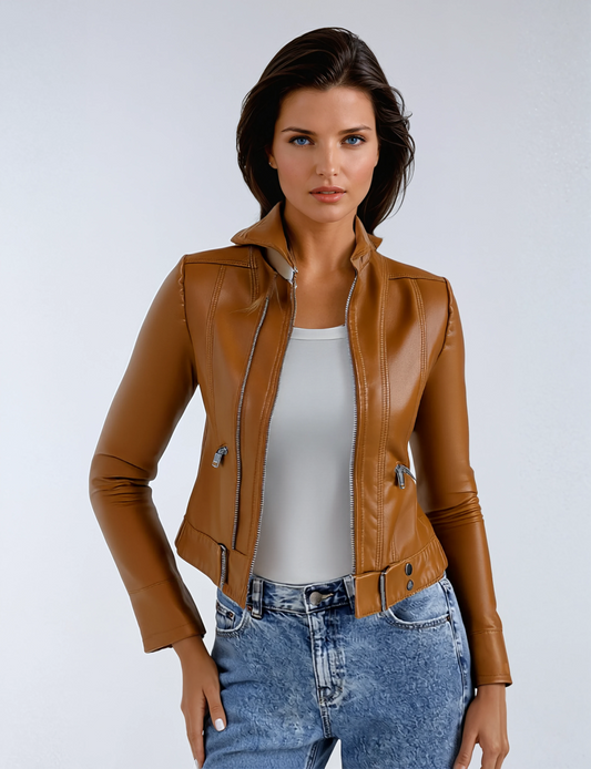 MERAVA – Cazadora biker de imitación piel para mujer con cremallera