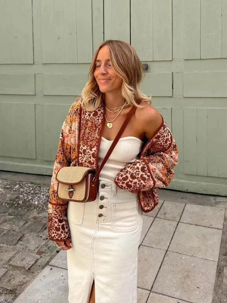 ALINA - Chaqueta vintage de cuadros en material suave para mujer