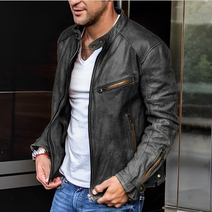 NIANDER - Chaqueta de cuero con múltiples bolsillos con cremallera para hombre