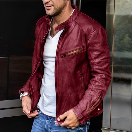 NIANDER - Chaqueta de cuero con múltiples bolsillos con cremallera para hombre
