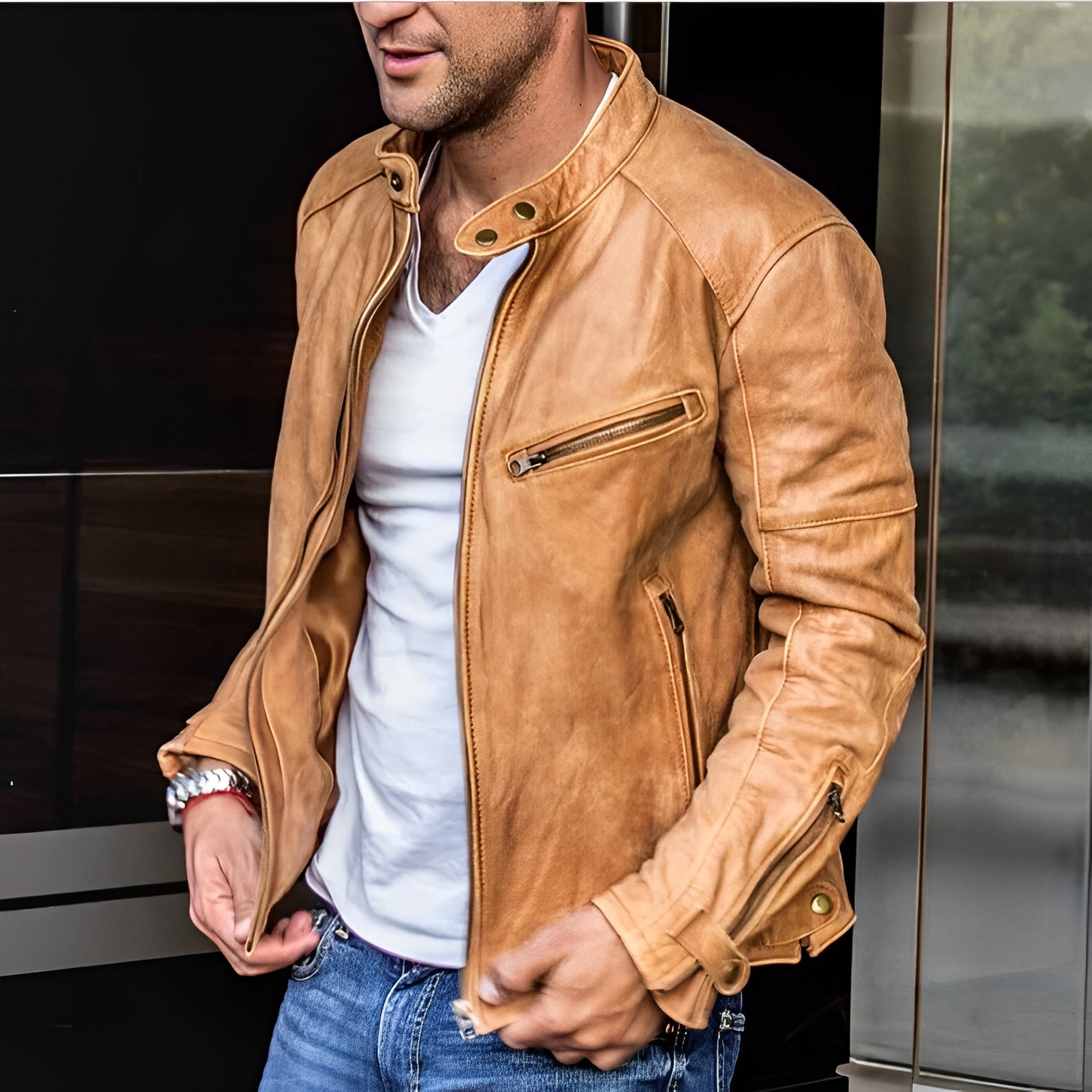 NIANDER - Chaqueta de cuero con múltiples bolsillos con cremallera para hombre