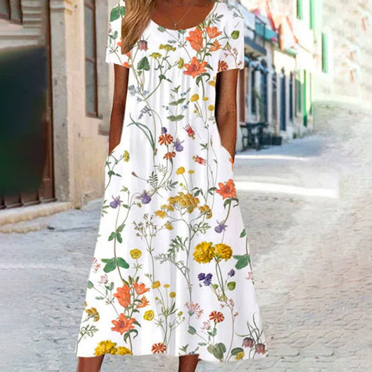 Vestido largo floral de verano con manga corta y corte fluido – MAIA