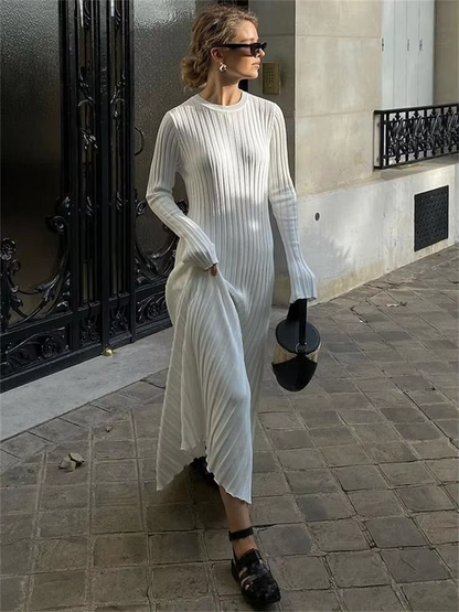 NEUS - Vestido largo ajustado de punto con diseño plisado y tela elástica para mujer
