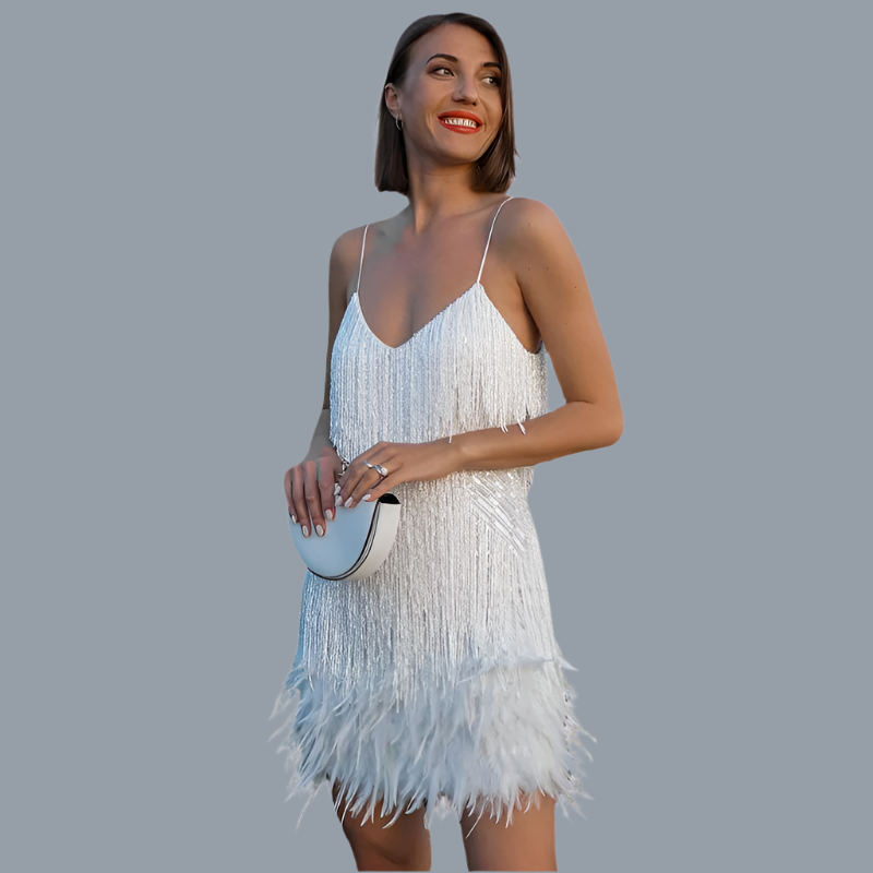 NICA – Vestido corto de fiesta para mujer con lentejuelas y plumas