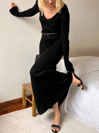 EULÀLIA - Vestido largo de punto acanalado con cuello en V manga larga de invierno para mujer