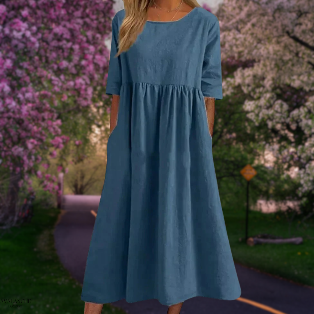 Vestido midi fluido de verano con manga media y corte cómodo – LINA SOL