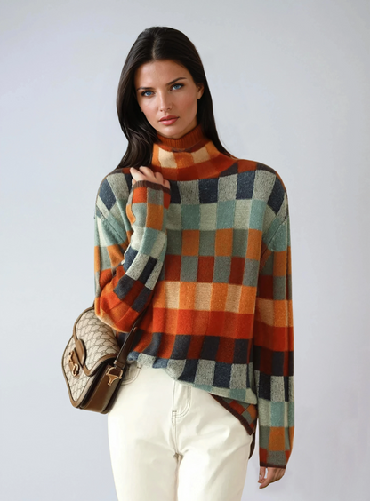 LYNAIRA – Jersey de mujer con cuello alto y estampado de cuadros