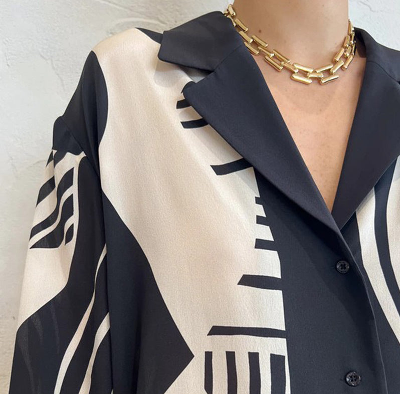 Tabita - Conjunto de Dos Piezas Camisa Manga Larga Con Botones y Pantalón Pierna Ancha Primavera Vernano Con Estampado Primavera Verano Para Mujer