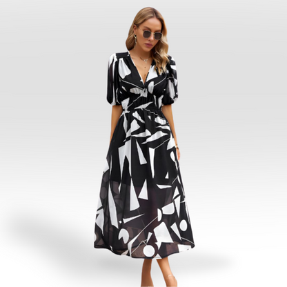 Vestido midi con vuelo y escote en V encantador – CHARESSA