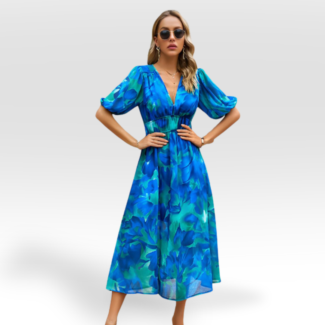 Vestido midi con vuelo y escote en V encantador – CHARESSA