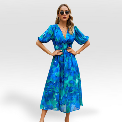 Vestido midi con vuelo y escote en V encantador – CHARESSA