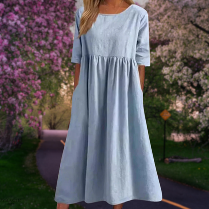 Vestido midi fluido de verano con manga media y corte cómodo – LINA SOL