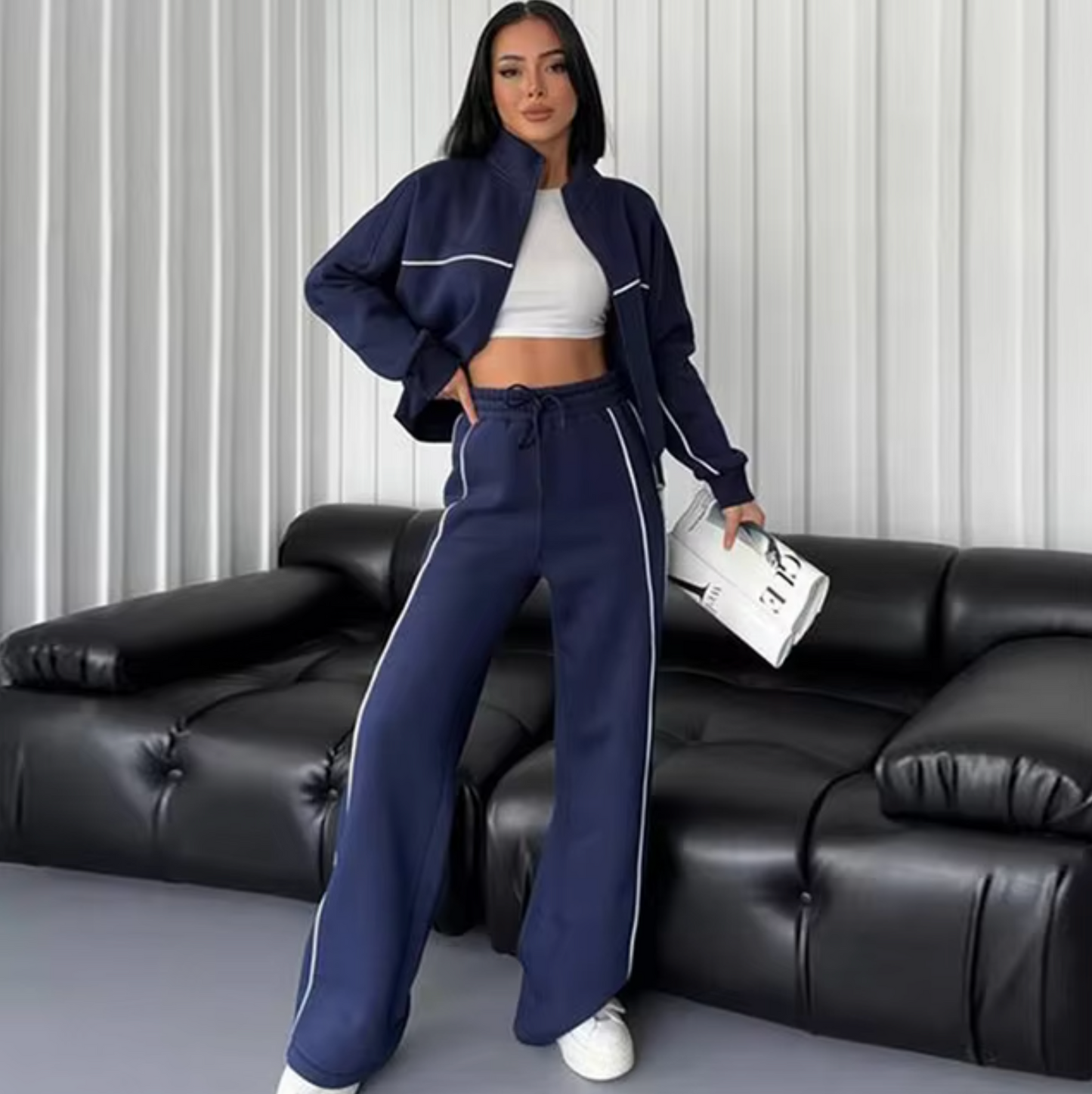 MAELLE - Conjunto de cárdigan de punto y pantalón con cuello alto para mujer