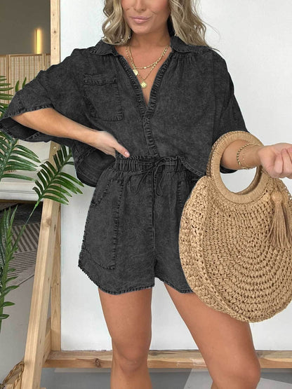 Conjunto lavado para mujer con top oversize y pantalón elástico – BOZENA