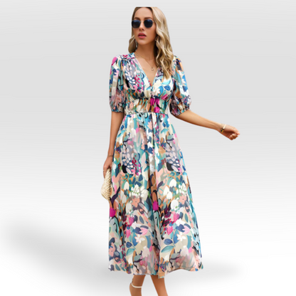 Vestido midi con vuelo y escote en V encantador – CHARESSA