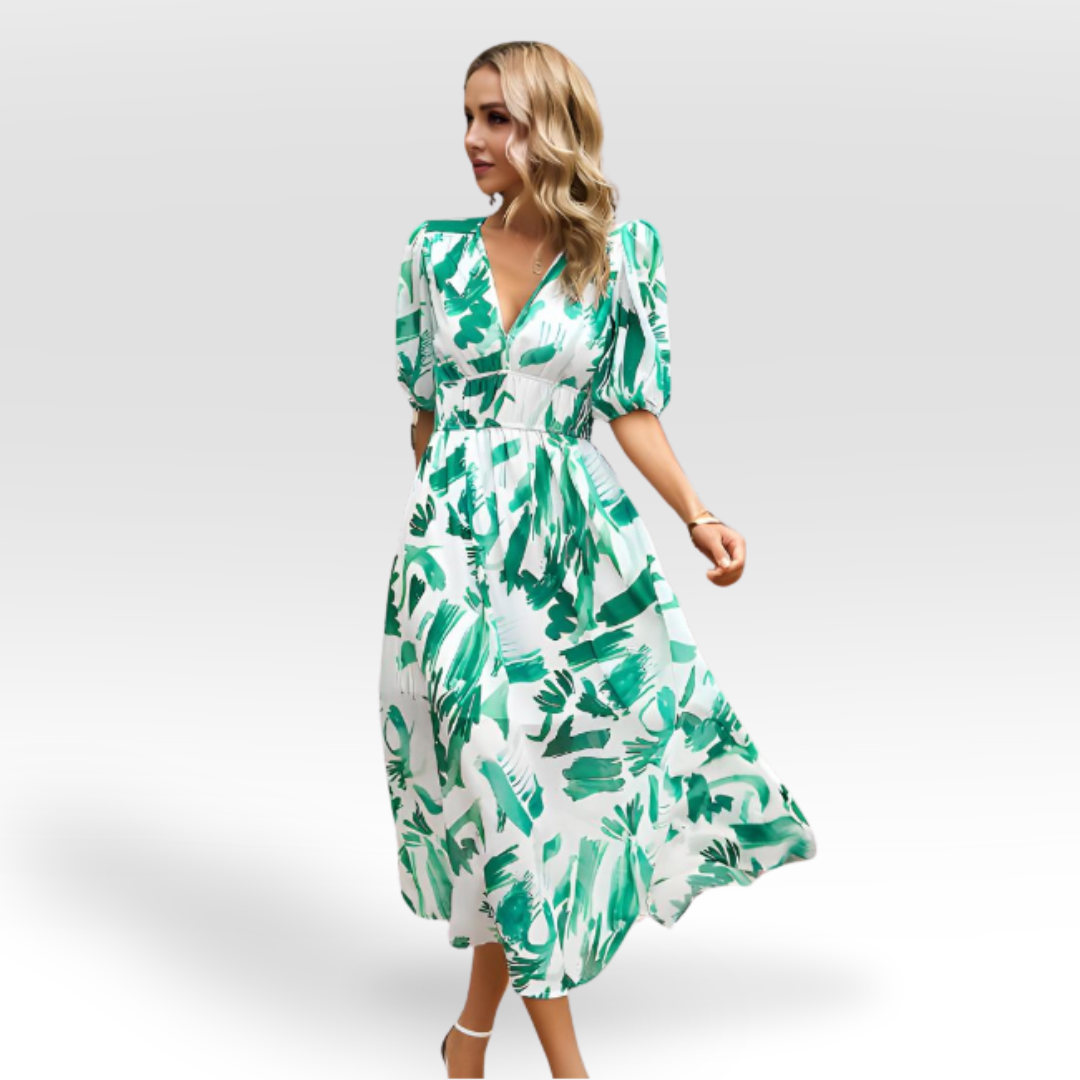 Vestido midi con vuelo y escote en V encantador – CHARESSA