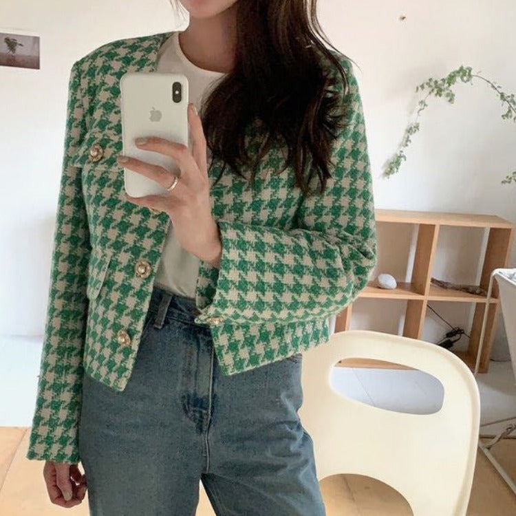 Elizabeth - Abrigo corto elegante con cuello en V y botones de perla y diseño tipo pata de gallo para mujer