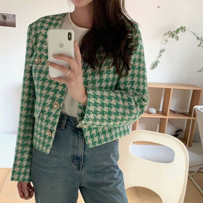 Elizabeth - Abrigo corto elegante con cuello en V y botones de perla y diseño tipo pata de gallo para mujer