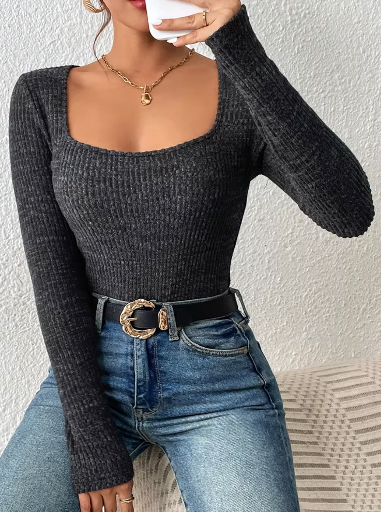 MAI - Top de punto estilo vintage con escote cuadrado para mujer