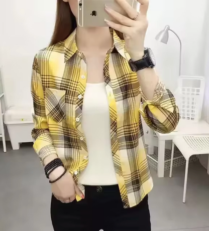 LIV - Top de algodón de manga larga con diseño de cuadros para mujer