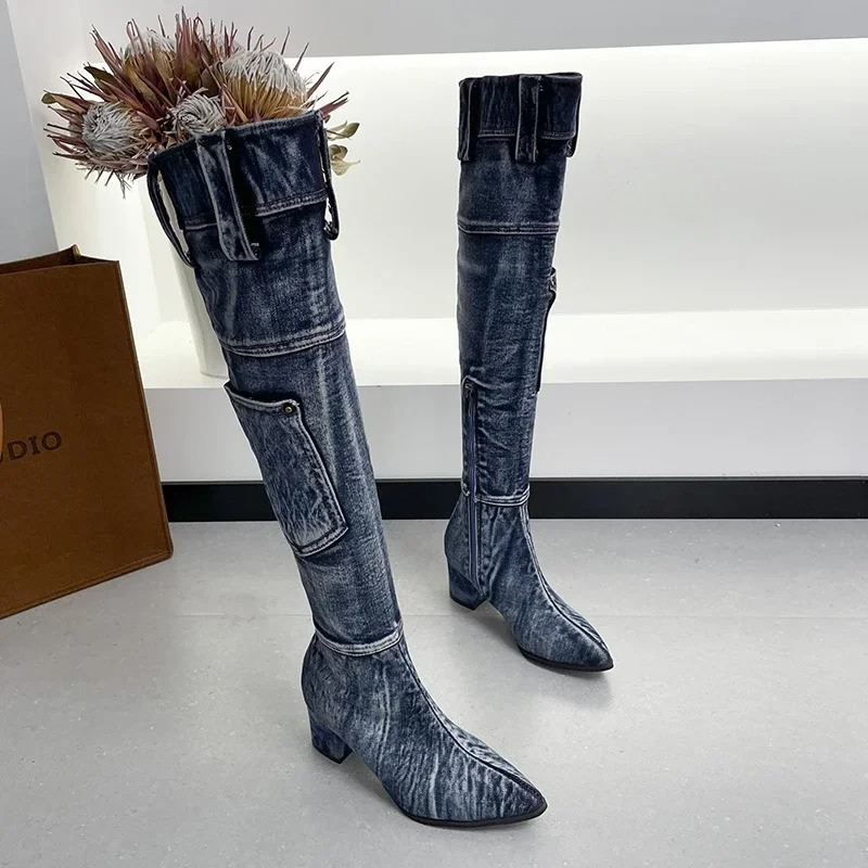 LIVIA - Botas de caña alta con punta afilada y diseño patchwork para mujer