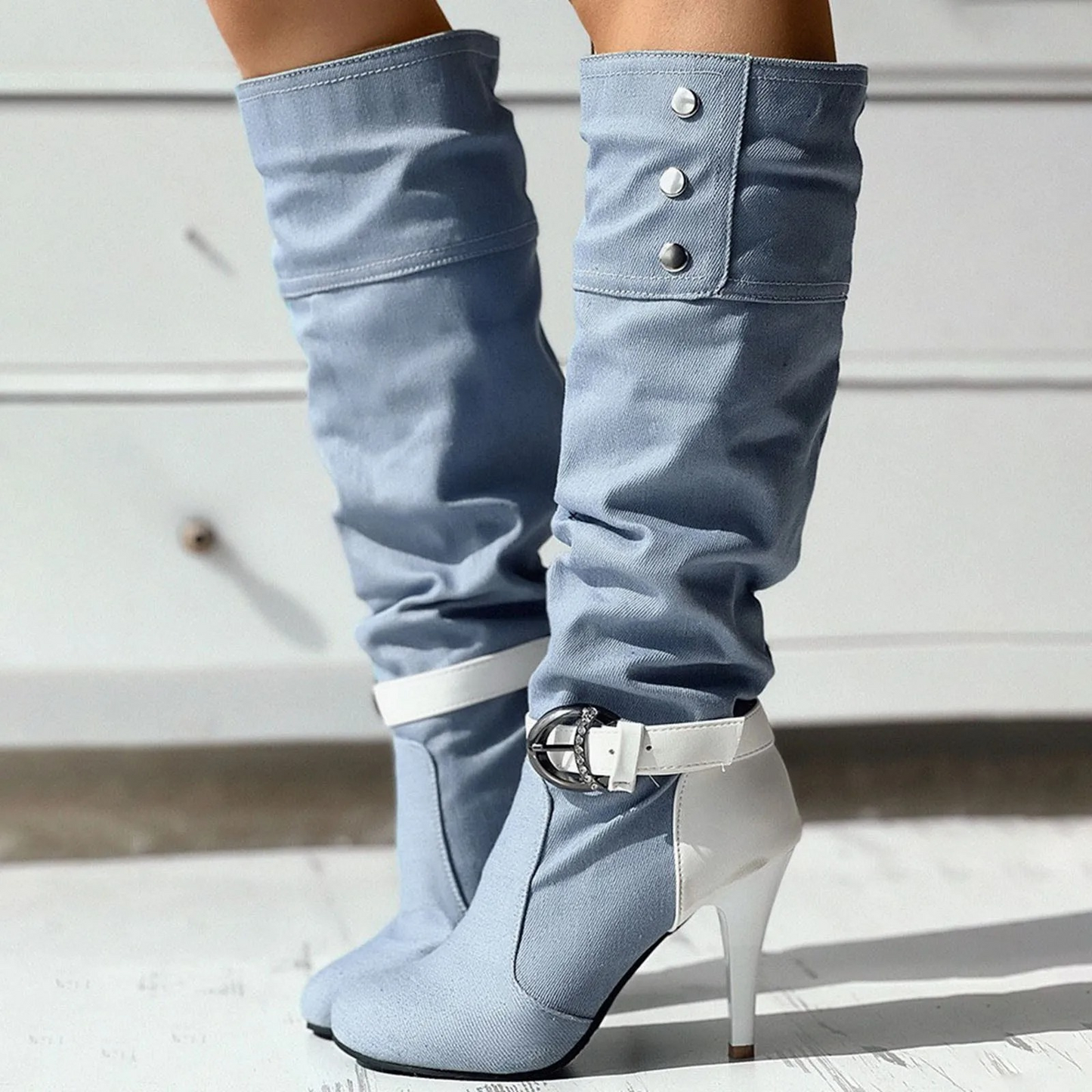 LIV - Botas altas con diseño patchwork y botones decorativos